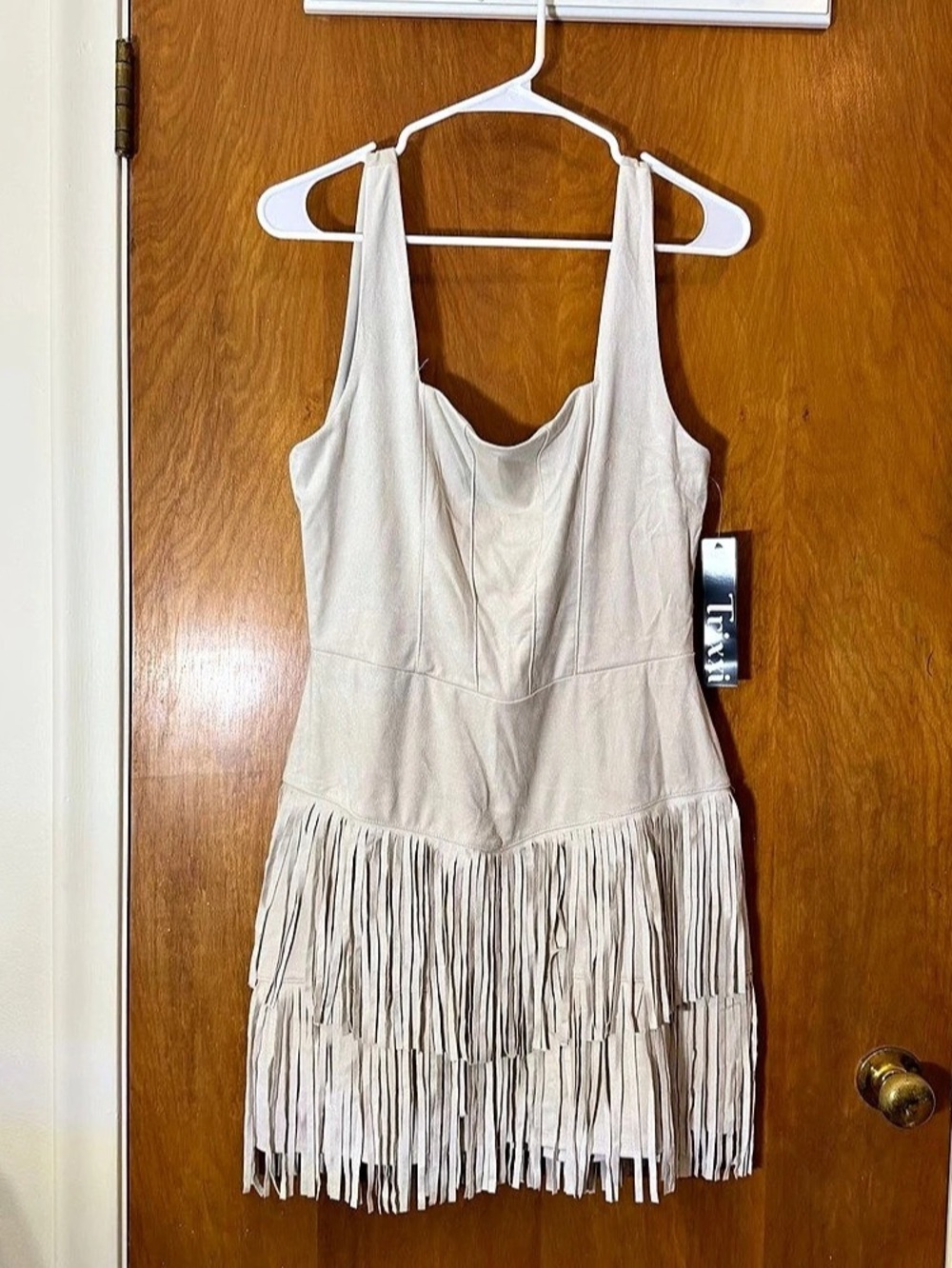 Trixxi Faux Suede Layered Fringe Mini Dress Cream Medium
